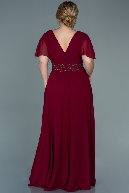 Robe de Soirée Grande Taille Longue Mousseline Rouge Bordeaux ABU2755