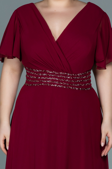 Robe de Soirée Grande Taille Longue Mousseline Rouge Bordeaux ABU2755