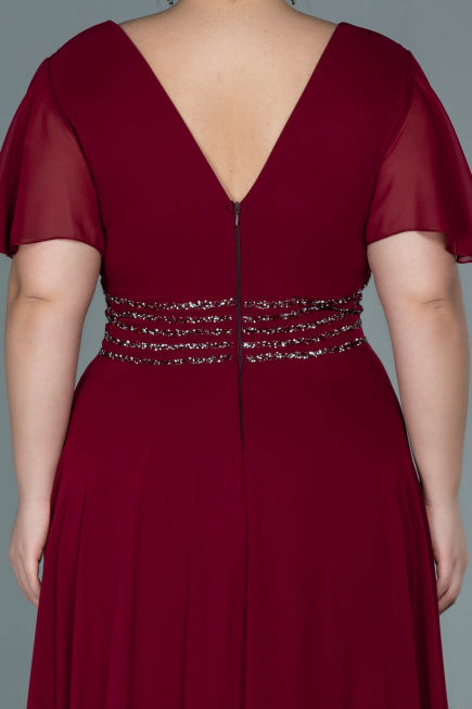 Robe de Soirée Grande Taille Longue Mousseline Rouge Bordeaux ABU2755