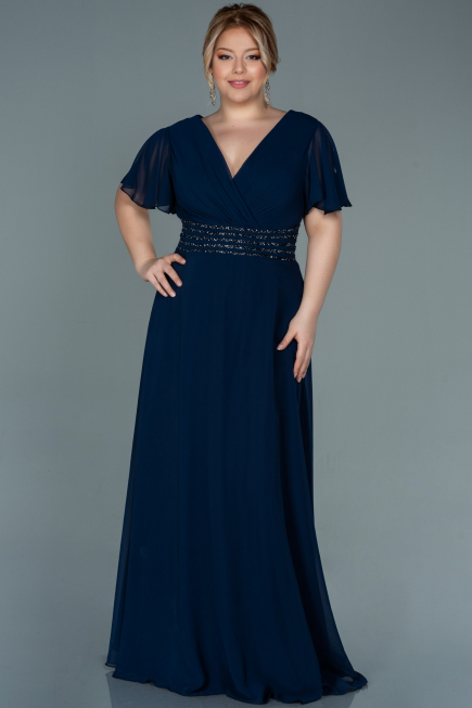 Robe de Soirée Grande Taille Longue Mousseline Bleu Marine ABU2755