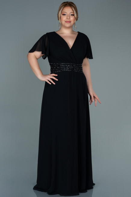 Robe de Soirée Grande Taille Longue Mousseline Noir ABU2755