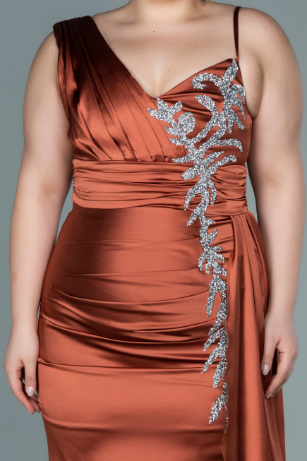 Robe De Soirée Grande Taille Satin Longue Marron clair ABU2599
