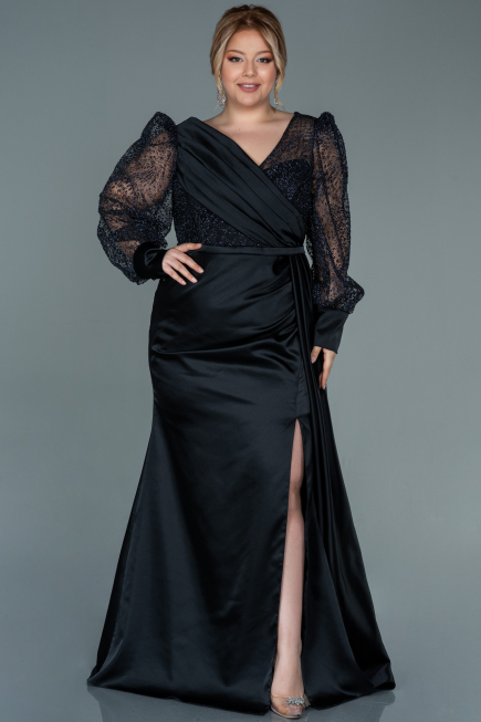 Robe Grande Taille Longue Satin Noir ABU2759