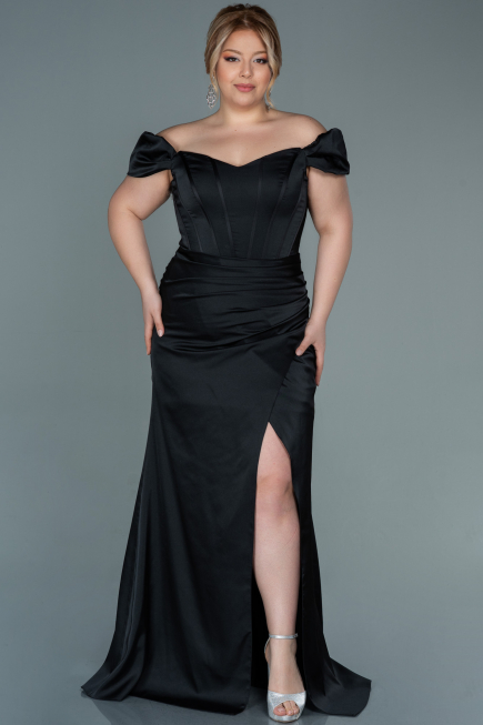 Robe de Soirée Grande Taille Longue Satin Noir ABU2609