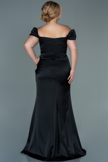 Robe de Soirée Grande Taille Longue Satin Noir ABU2609
