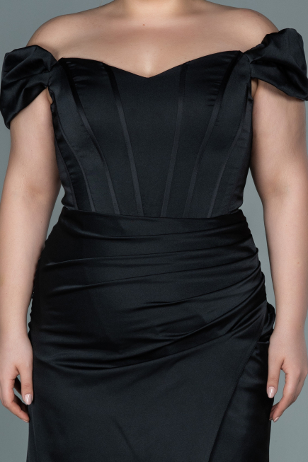 Robe de Soirée Grande Taille Longue Satin Noir ABU2609