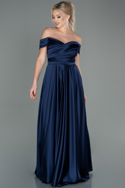 Robe de Soirée Longue Satin Bleu Marine ABU2750