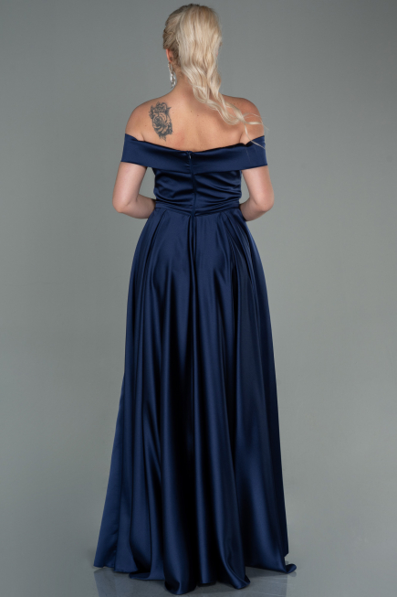 Robe de Soirée Longue Satin Bleu Marine ABU2750