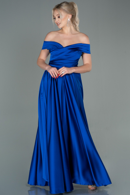Robe de Soirée Longue Satin Bleu Saxe ABU2750