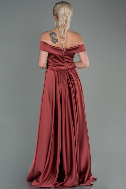 Robe de Soirée Longue Satin Marron Clair ABU2750