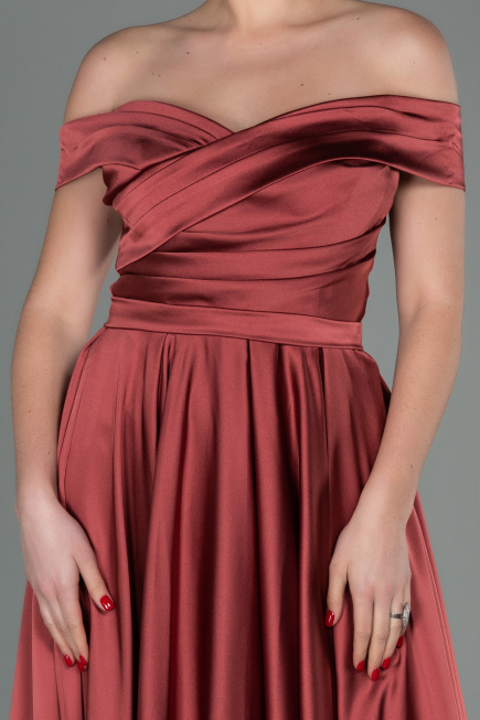 Robe de Soirée Longue Satin Marron Clair ABU2750