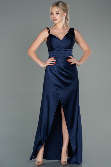 Robe de Soirée Longue Satin Bleu Marine ABU2771