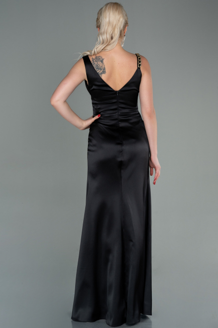 Robe de Soirée Longue Satin Noir ABU2771