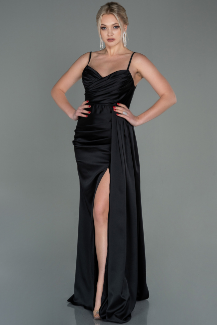 Robe Queue de Poisson Longue Satin Noir ABU1894