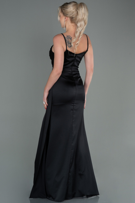 Robe Queue de Poisson Longue Satin Noir ABU1894