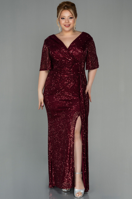 Robe de Soirée Grande Taille Longue Squameuse Rouge Bordeaux ABU2796