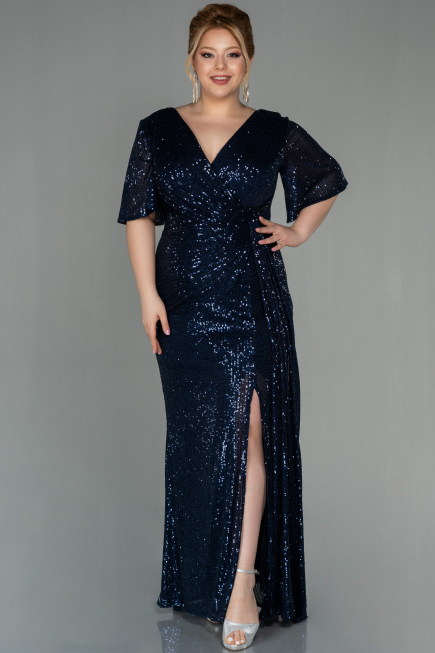 Robe de Soirée Grande Taille Longue Squameuse Bleu Marine ABU2796