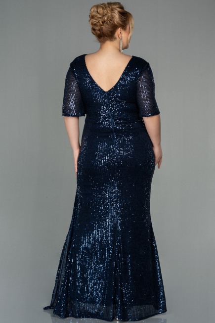 Robe de Soirée Grande Taille Longue Squameuse Bleu Marine ABU2796