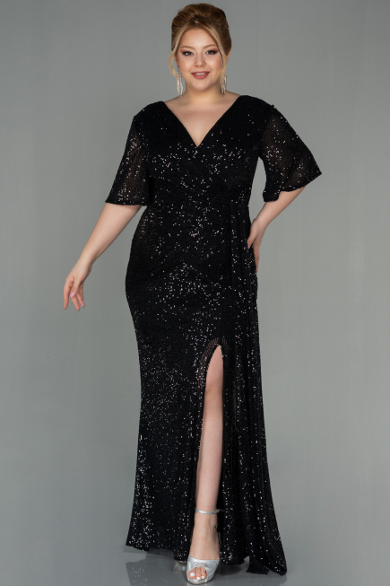 Robe de Soirée Grande Taille Longue Squameuse Noir ABU2796