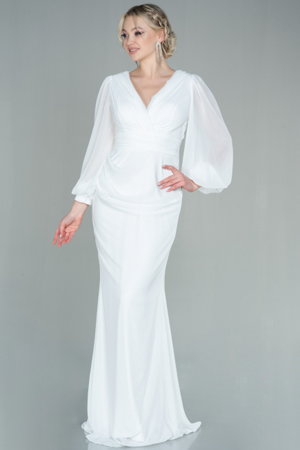 Robe de Soirée Longue Mousseline Blanc ABU2818