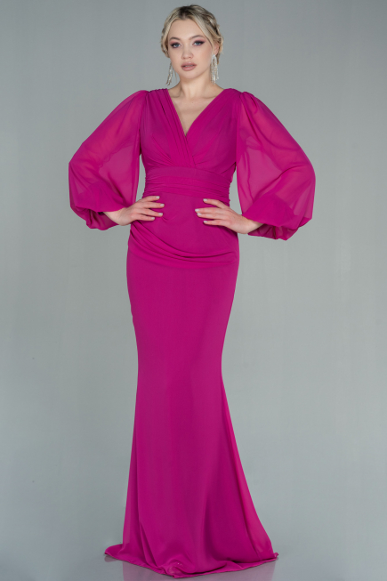Robe de Soirée Longue Mousseline Fushia ABU2818