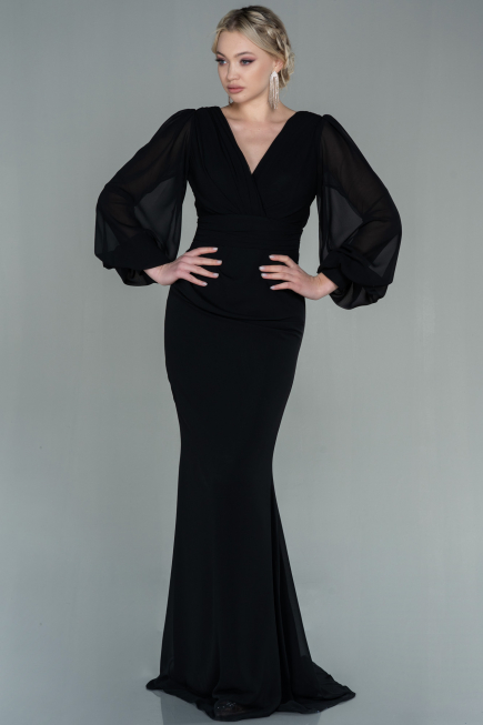 Robe de Soirée Longue Mousseline Noir ABU2818