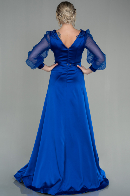 Robe de Soirée Longue Satin Bleu Saxe ABU2830