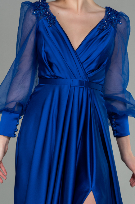 Robe de Soirée Longue Satin Bleu Saxe ABU2830