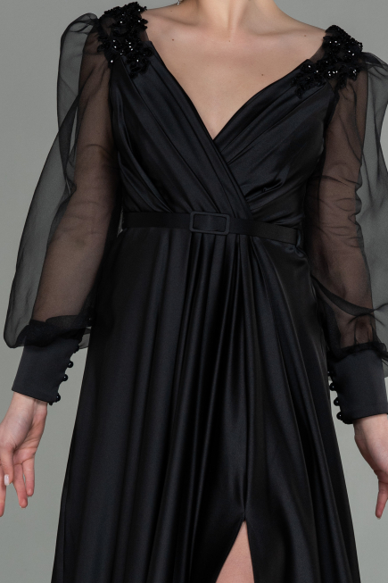 Robe de Soirée Longue Satin Noir ABU2830