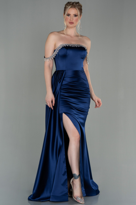 Robe De Soirée Satin Longue Bleu Marine ABU2618