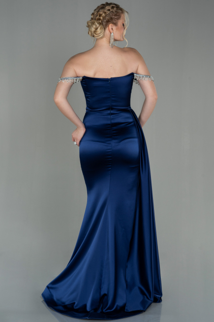 Robe De Soirée Satin Longue Bleu Marine ABU2618