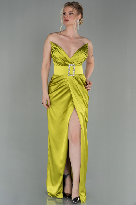Robe de Soirée Longue Satin Pistache vert ABU2844