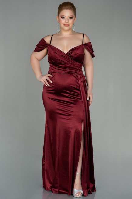 Robe Grande Taille Longue Satin Rouge Bordeaux ABU2855