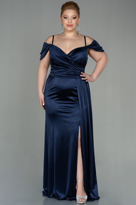 Robe Grande Taille Longue Satin Bleu Marine ABU2855