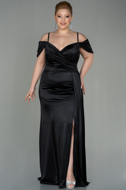 Robe Grande Taille Longue Satin Noir ABU2855