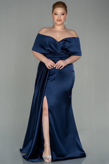 Robe Grande Taille Longue Satin Bleu Marine ABU2873