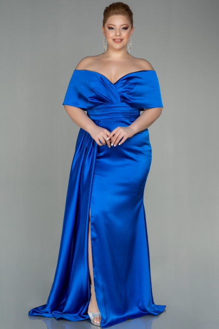 Robe Grande Taille Longue Satin Bleu Saxe ABU2873