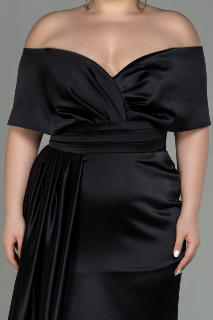 Robe Grande Taille Longue Satin Noir ABU2873