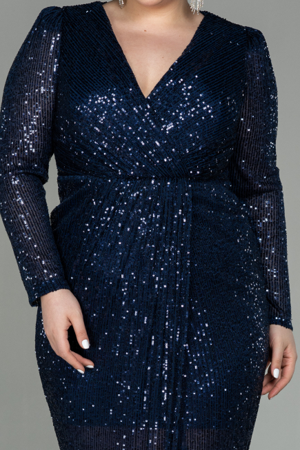 Robe de Soirée Grande Taille Longue Squameuse Bleu Marine ABU2878