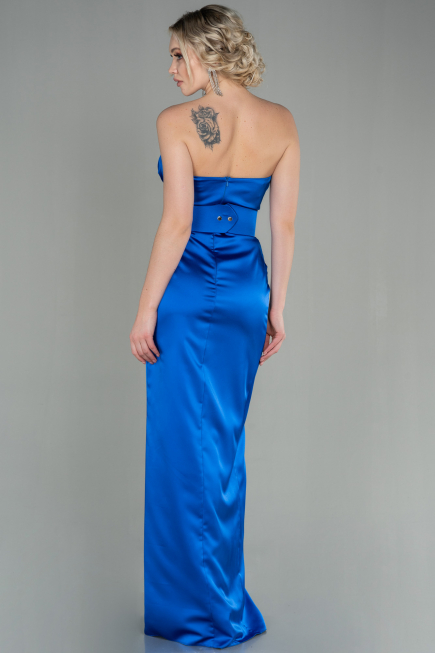 Robe de Soirée Longue Satin Bleu Saxe ABU2844