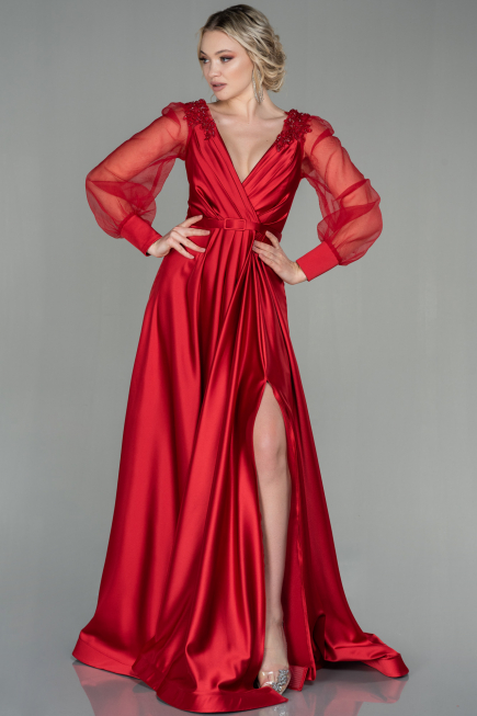 Robe De Soirée Satin Longue Rouge ABU2830