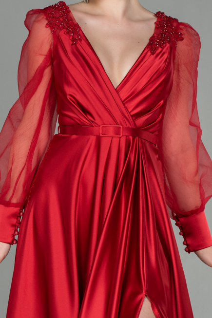 Robe De Soirée Satin Longue Rouge ABU2830