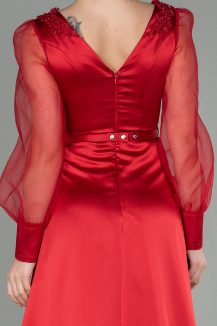 Robe De Soirée Satin Longue Rouge ABU2830