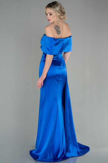 Robe de Soirée Longue Satin Bleu Saxe ABU2893