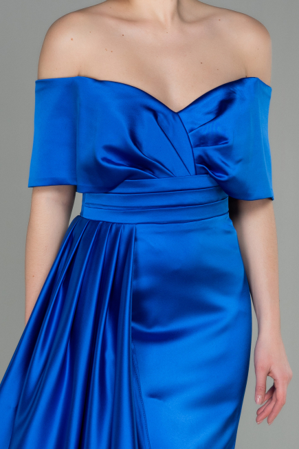 Robe de Soirée Longue Satin Bleu Saxe ABU2893