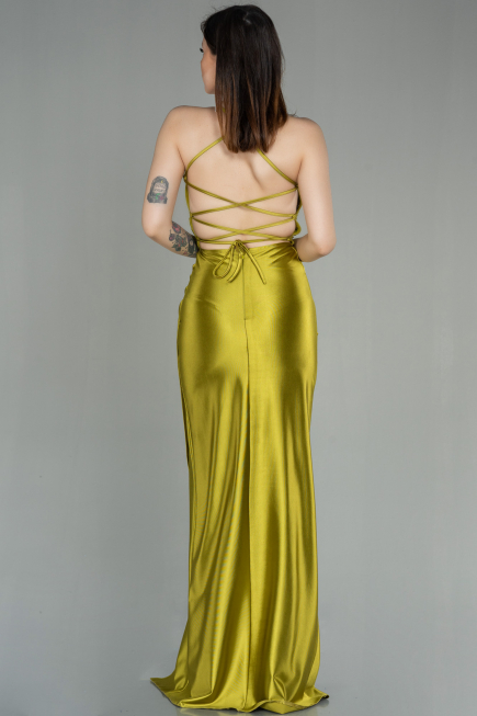Robe De Soirée Satin Longue Pistache vert ABU2800