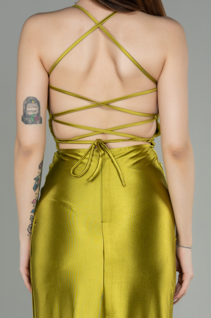 Robe De Soirée Satin Longue Pistache vert ABU2800