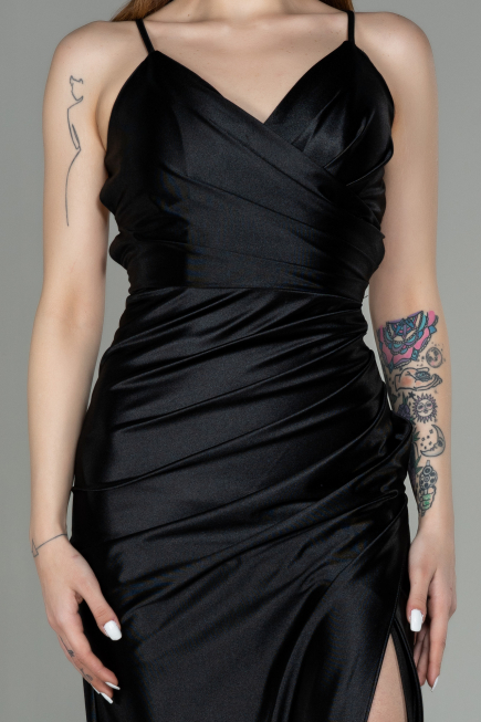 Robe De Soirée Satin Longue Noir ABU2800