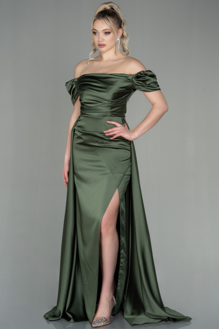 Robe de Soirée Longue Satin Kaki ABU2903