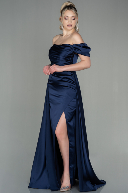Robe de Soirée Longue Satin Bleu Marine ABU2903